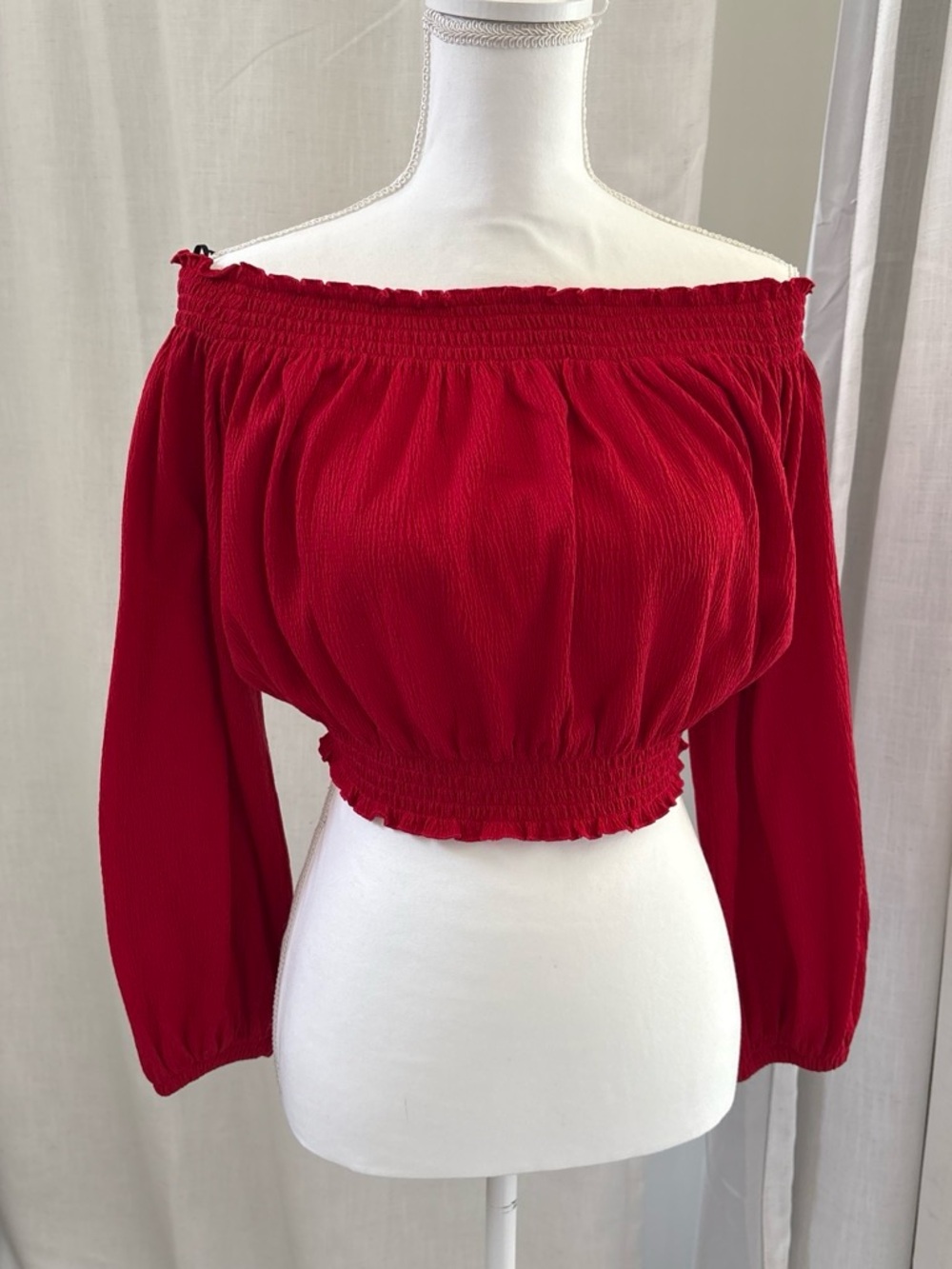 H&M Red Off-Shoulder Cropped Smocked Top